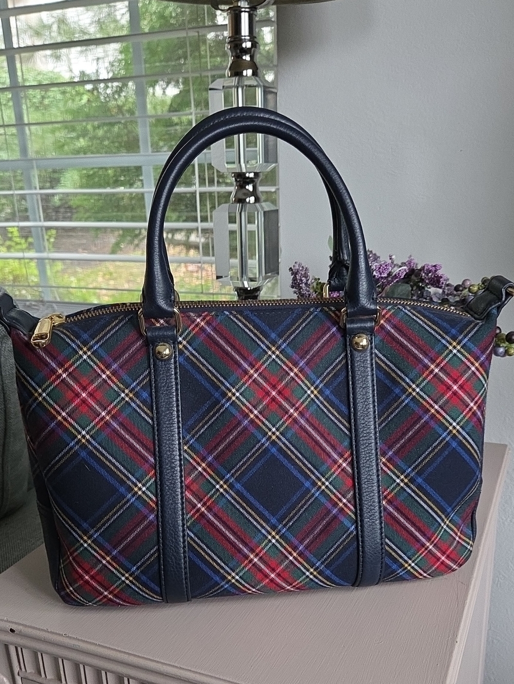 TALBOTS Navy & Black Plaid Boston Bag